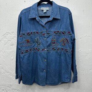 Vintage Western Embroidered Denim Button Up Shirt